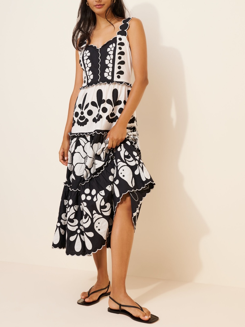 Farm Rio Tiered Floral Midi Dress Black White Size M